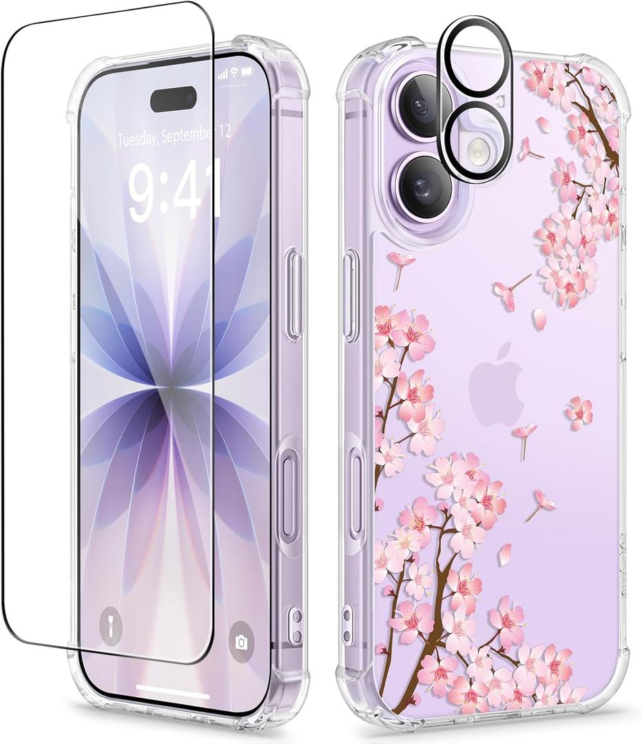 GVIEWIN for iPhone 17 Case, with Screen Protector+Camera Lens Protector, [NonYellowing] Clear Floral Slim Shockproof Protective Hard PC Back Women Phone Case for iPhone 17 6.3", Sakura/Pink