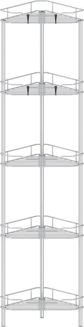 HuggieGems 5 Tier Floor Standing Corner Shower Caddy Organizer Shelf with Hooks, Bathroom Shelves Stand Rack, Silver