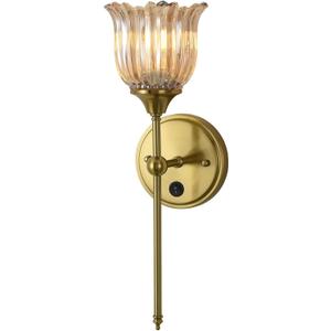 Modern Wall Sconces with Amber Flower Glass Shade 1 Pack, Mid Century Bathroom Vanity Wall Light Fixtures Gold Vintage Wall Lights with Switch for Mirror Bedroom Living Room