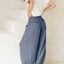 Xiaoxuemeng Womens Wide Leg Pants Cotton Linen Barrel Pants Elastic Waisted Lounge Trousers with Pockets (Blue, XS)