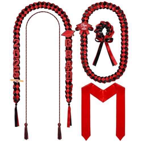 Canlierr 18 Pcs Graduation Leis and Stole and Honor Cords 2025 Braided Necklace Adjustable for Student Graduation Gifts Party Supplies(Red and Black)