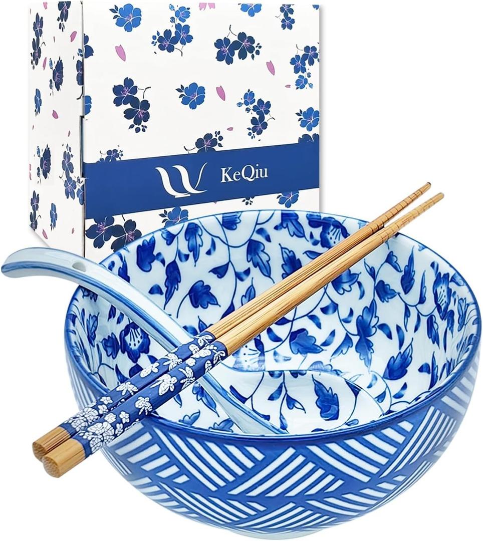 Japanese 28 Oz Ceramic Ramen Noodle Soup Cereal Pho Rice Salad Bowl Set with Chopsticks, Premium Gift Set for House Warming, Birthday, Holiday, Microwave Safe, Dishwasher Safe