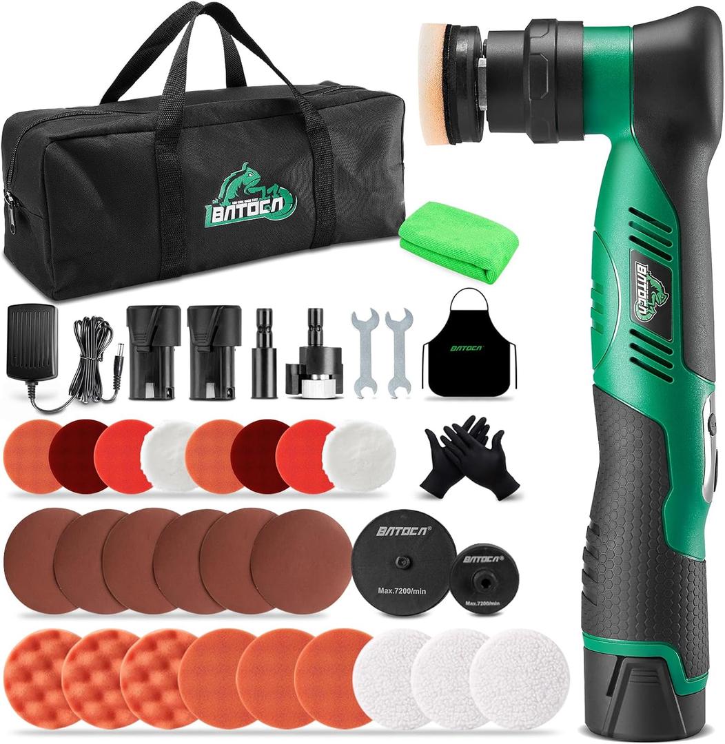 BATOCA S5 Cordless Car Buffer Polisher Kit 1 Inch 3 Inch Dual Action & Rotary Polishing Machine for Car Detailing,2x 2.0Ah Batteries,6 Variable Speeds 2000-5500RPM,Orbital Polisher for Car Boat Polish