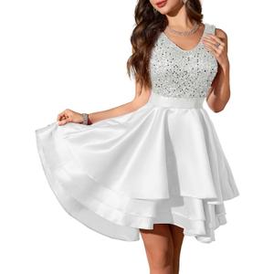 Meetjen Women's Short Prom Dresses for Teens Formal Sequin High Low Satin Bridesmaid Cocktail Party Homecoming Dress (White, S)