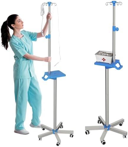 Rolling IV Pole with Tray - Stainless Steel 4 Hooks IV Stand with Wheels Height Adjustable for Clinic Home Care