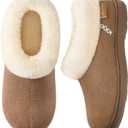 EverFoams Women's Microsuede Cozy Memory Foam Winter Slippers with Fuzzy Faux Fur Collar and Indoor Outdoor Rubber Sole (7-8, Tan)