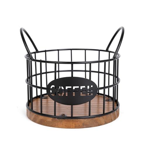 Fving Coffee Pods Holder for Countertop, K Cup Holder Organizer, Sturdy Kcup Storage Basket with Wooden Base, Pods Container for Kitchen Bar Counter Office Desktop (Black)