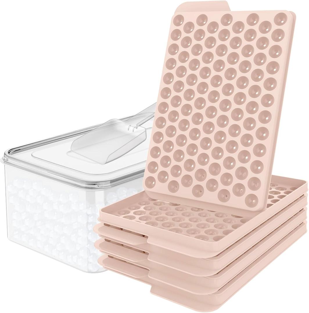 WIBIMEN Mini Ice Cube Trays, 0.55 Tiny Pebble Ice for Iced Coffee & Cocktails, Fast Chill, Easy Twist Release, Stackable with Lid & Storage Bin (4 Pack, Pink)