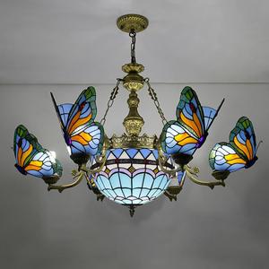 Aeyee Stained Glass Chandelier, Tiffany Style Hanging Light, Vintage Blue Butterfly Pendant Light Fixture for Living Room Dining Room (9 Lights)