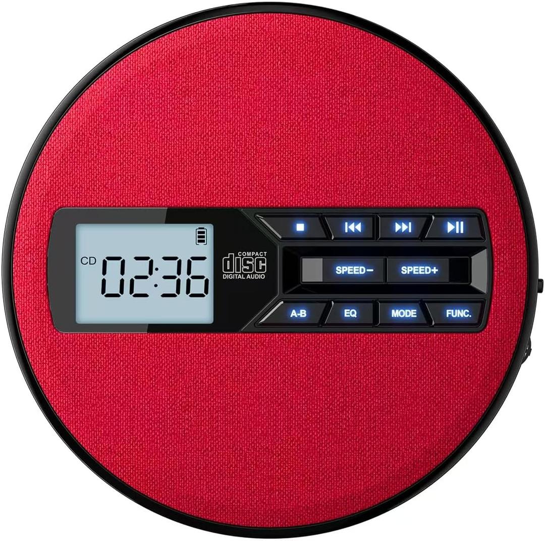 CD Player Portable with Speakers - Rechargeable Personal CD Player for Car and Home, Small Fabric Music Player with Backlit Display, Anti-Skip, AUX/USB Port - Ideal for Audiobooks & Gifts (Red)