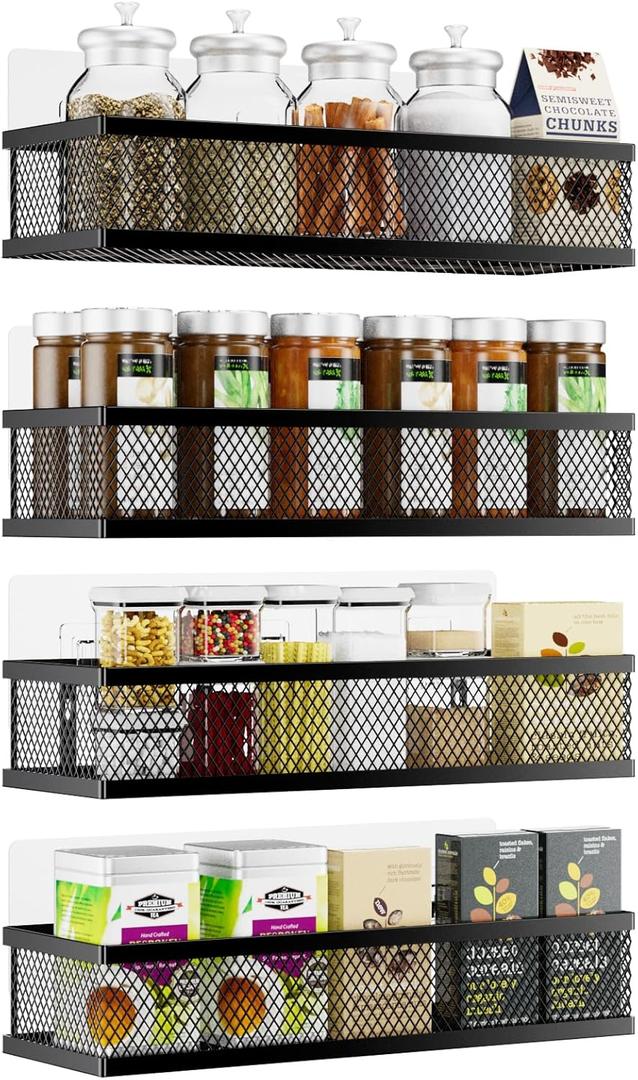 Spice Rack Wall Mount, 4 Pack Pantry Door Organizer & Hanging Storage Baskets Organizer Wall Mount, Large Capacity Metal Spice Shelf for Kitchen Cabinet, Pantry Doors, Bathroom, Shower, Home Decor (Black)