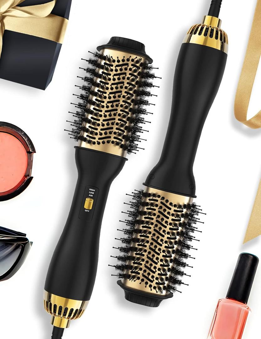 Hot Air Hair Blow Dryer Brush - 3 in 1 Negative Ionic Hairdryer Blowout Brush for Drying Straightening Volumizing - 60mm Oval Barrel fit All Hair Types - Salon Style, Smooth, Frizz-Free Results (Gold)