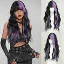 7JHH WIGS Long Wavy Purple Black Highlight Wig 27in Natural Heat Resistant Fiber Synthetic Curly Black Purple Highlight Ombre Wigs with Bangs for Women Girls Daily Party Chrismas Travel Used