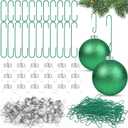 400 Pack Round Christmas Ornament Caps and Ornament Hooks Set Christmas Tree Decorating Hangers Caps Ceramic Glass Plastic DIY Decorations (Green)