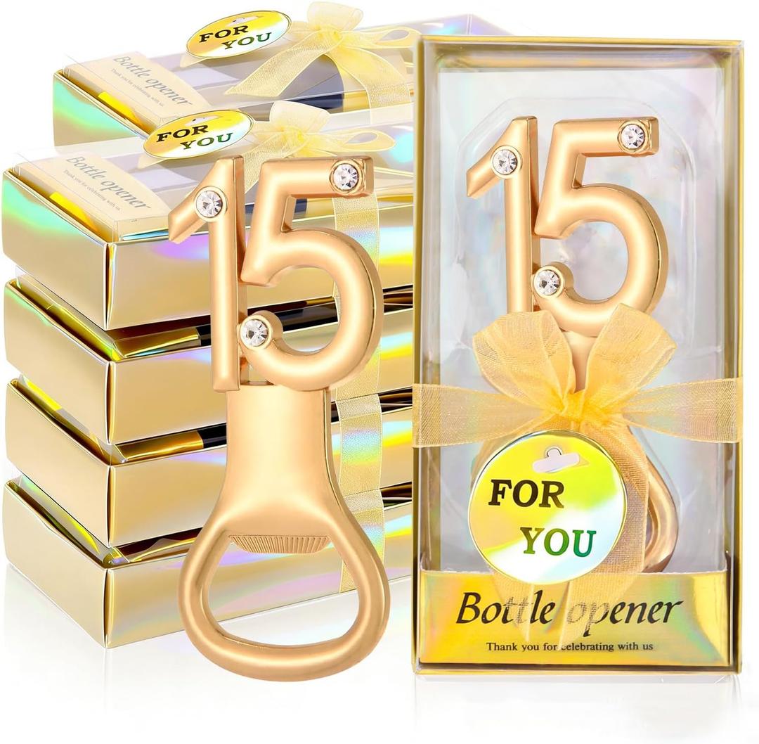 24Pcs Golden 15 Bottle Openers for 15th Birthday Party Favors Rhinestones Decorations for Wedding Anniversary Gifst Souvenrs or Keepsaks for Guests