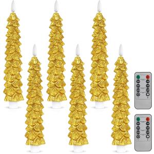 Funtery 6 Pcs LED Christmas Tree Flameless Taper Candles Real Wax Battery Operated Candlestick Lights with 3D Flame and Remote Timer Window Fireplace(Gold,Christmas Tree)