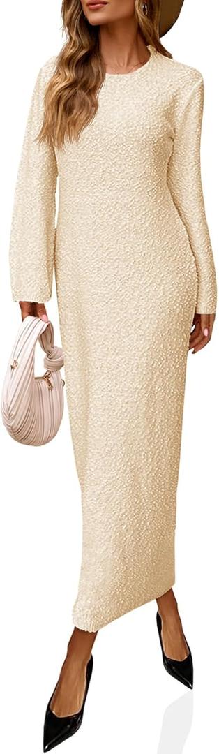 Saodimallsu Womens Long Sleeve Midi Sweater Dress Crew Neck Swiss Dot Soft Knit Casual Fall Trendy Maxi Dresses (Large, Apricot)