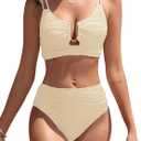 ZAFUL Bikini Sets for Women High Waisted U-Wire Cutout Swim Suits 2025 Textured Two Piece Bathing Suit (Beige)