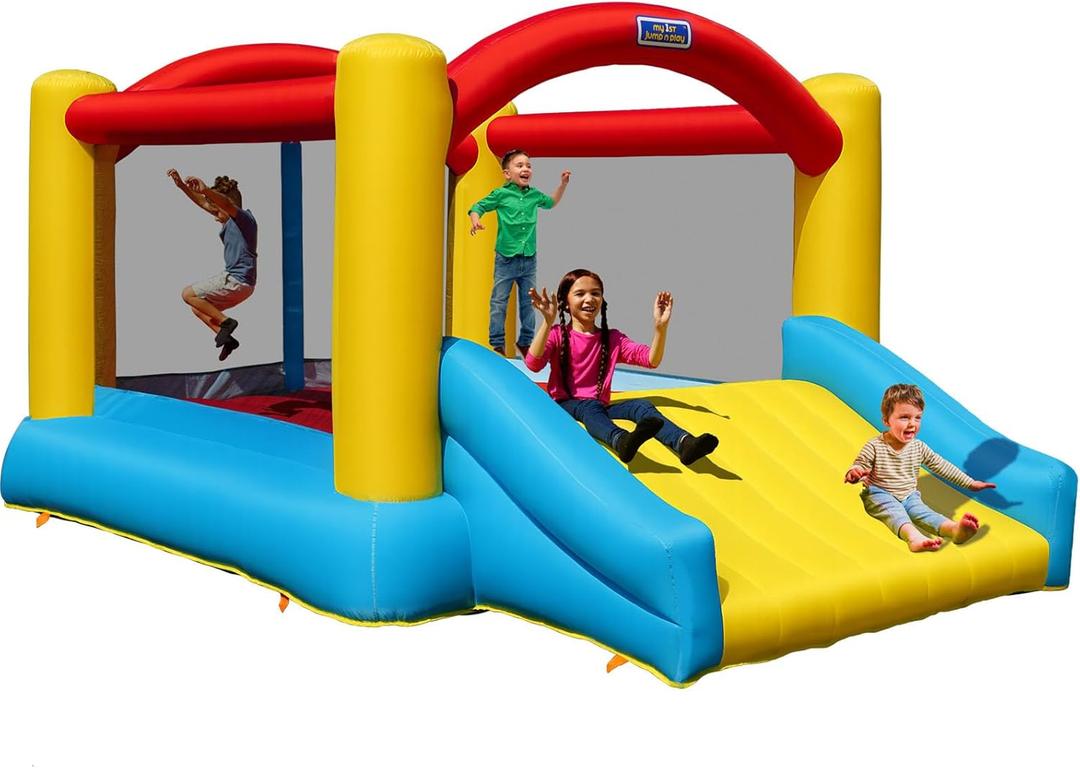 Sportspower My 1st Jump N Play Inflatable Bounce House with Large Slide & Anchors, Ages 3-8, Heavy Duty, ASTM Certified, on Included Blower