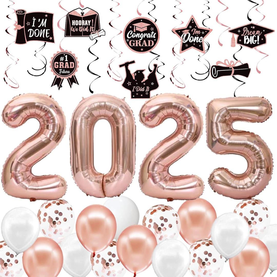 JOJO FLY Rose Gold Graduation Decorations 2025, Congrats Grad Hanging Swirl Supplies, Rose Gold 2025 Balloons, Graduation Balloons, Class of 2025