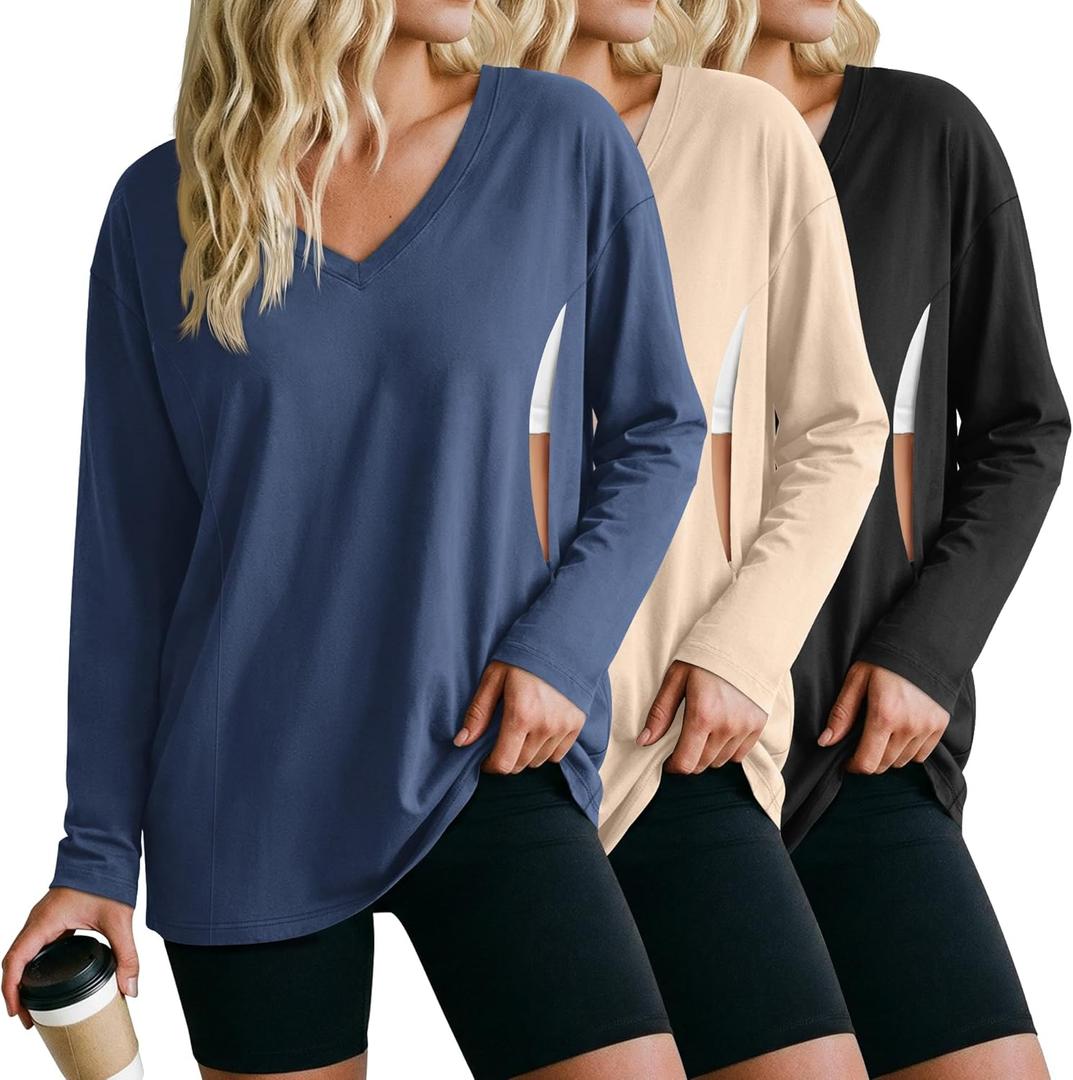 3 Pack Women's Oversize Nursing Shirts for Breastfeeding with Hidden Zippers Loose Fit Long Sleeve Maternity Tops (Large, Haze Blue, Apricot, Black)