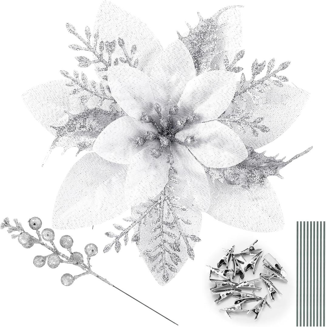 65pcs Christmas Poinsettia Artificial 5.9", Glitter Berries with Stems, Clips for Christmas Tree Decoration, Wreath Ornaments for Xmas Wedding Party Decoration(Silver)