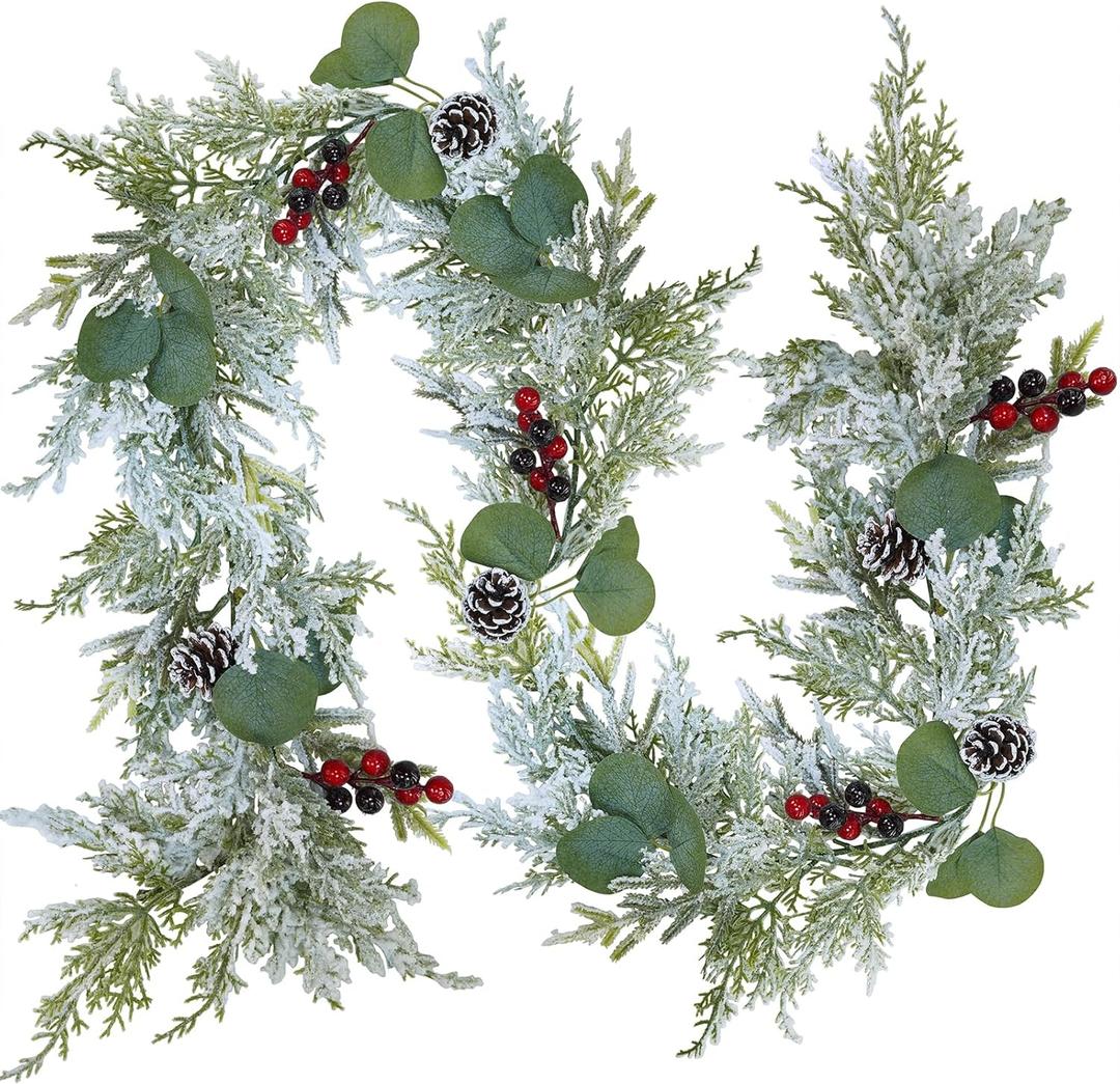 Winlyn 6' Christmas Artificial Snowy Cedar Garland With Pine Cones, Red Berries - Frosted Pine Winter Greenery for Wedding Table Runner, Centerpiece, Mantel, Holiday Home Decor