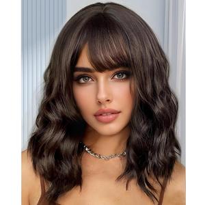 Mairead Short Brown Wig With Bangs Dark Brown Wavy Bob Wig With Bangs For Women Synthetic Heat Resistant Wigs for Halloween Costumes Cosplay Daily (Dark Brown) (12 Inch)