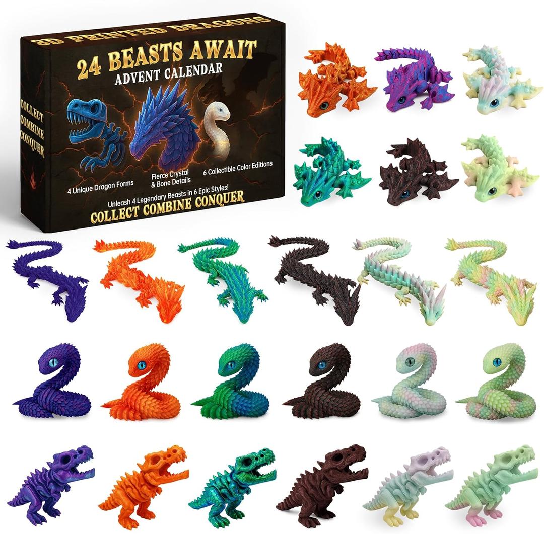 Dragon Advent Calendar 2025, Christmas Countdown with 24 Mythical Dragons, Fantasy 3D Printed Toys, Collectible Figures and Holiday Gifts for Kids Teens Boys