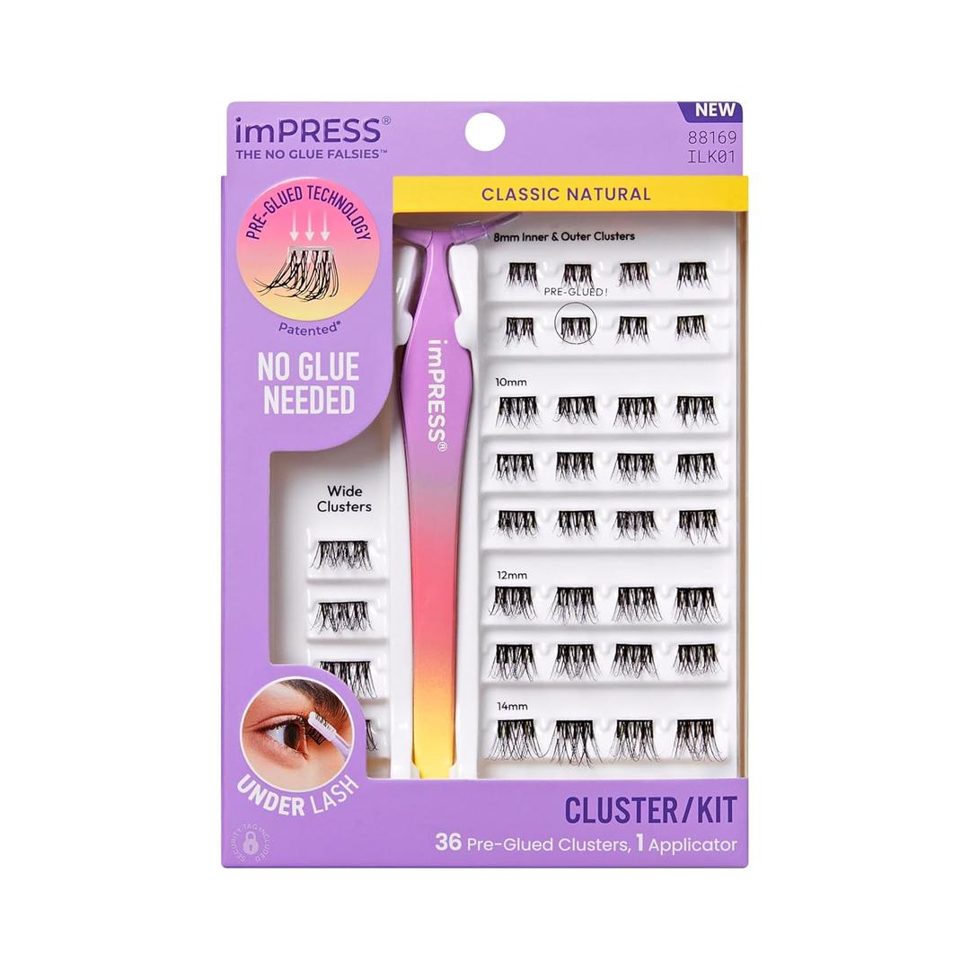 Kiss Impress Falsies Self Adhesive Eyelashes, Press On Lashes, 12mm-14mm Natural Volume Lashes, Black, No Glue Needed, Invisible Band, 36 Lash Clusters & Non-Stick Applicator - Natural
