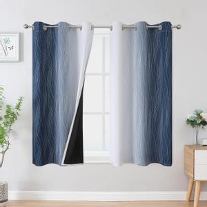 Estelar Textiler Navy Blue and Greyish White Blackout Curtains 45 Inch Length, Light Blocking Gradient Drapes for Kitchen, Thermal Insulated Grommet Ombre Curtains for Bathroom,42Wx45L,2 Panels