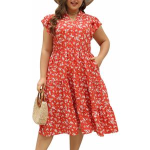 Keluummi Women's Plus Size Short Sleeve Empire Waist A-Line Midi Dress | Lightweight, Flutter Sleeve, Tiered Hemline, Pockets, Floral Print, For Spring Summer, For Wedding Guest Casual Graduation, 18