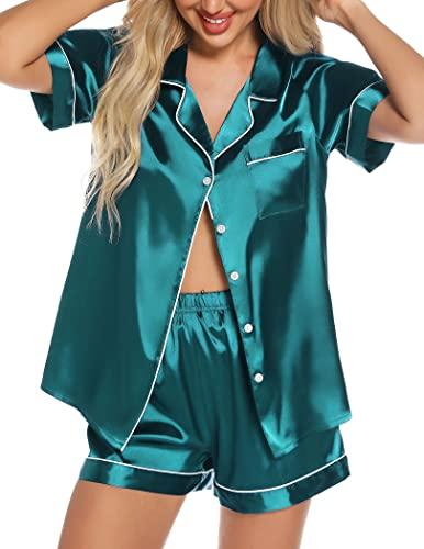 Senert Silk Satin Pajamas Set Women Two-Piece Nightwear Short Sleeve Sleepwear Soft Button Down Loungewear Pjs Set Green,XX-Large