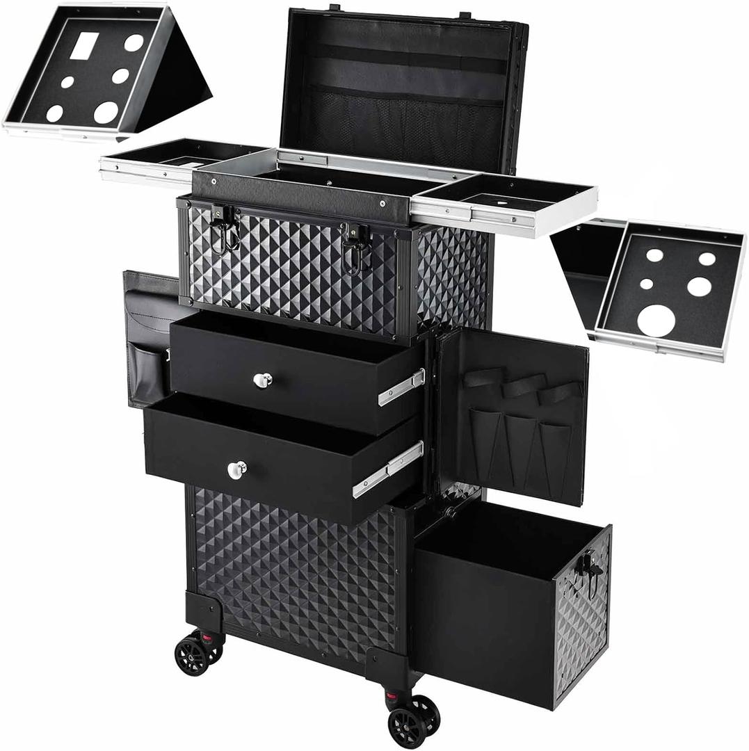 Joligrace Cosmetology Case on Wheels, Rolling Makeup Case for Hairstylists & Makeup Artists Lockable Professional Make up Case Salon Trolley Cart with Hairdryer Holder for Salon/Barber/Travel, Black