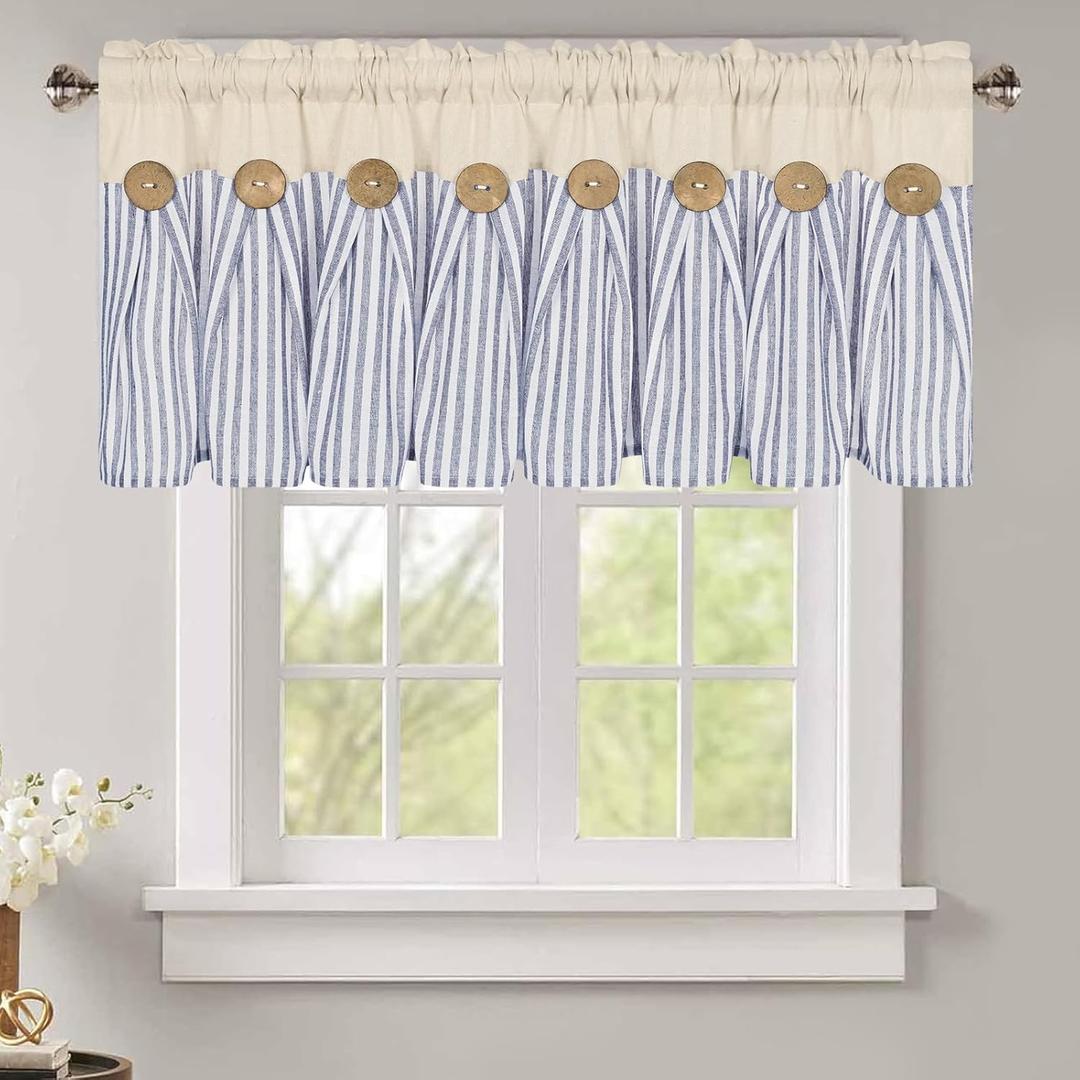 BLEUM CADE Farmhouse Valances for Windows, Cotton Linen Kitchen Curtains Valance, Boho Small Window Curtains for Kitchen, Bathroom, Cafe, Blue Stripe Valance with Rustic Buttons, 52 x 18 Inch