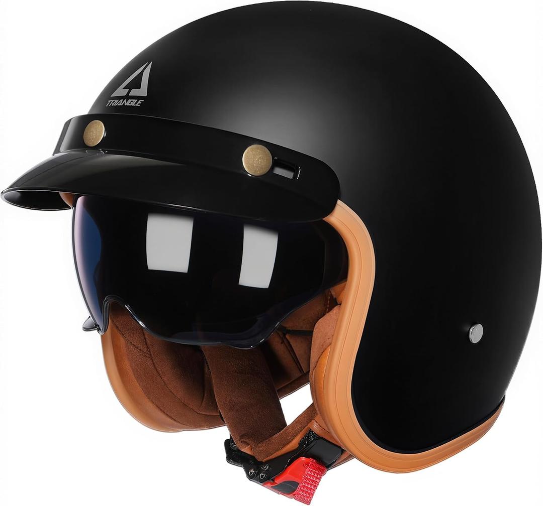 TRIANGLE 3/ 4 Open Face Motorcycle Helmet, DOT Approved Retro Half Helmet with Sun Visor for Men & Women, Scooter Motorbike Moped Casco, Vintage Jet Style for Cruiser, Matte Black Large