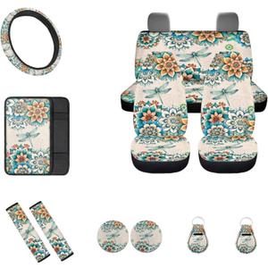 Bohemian Dragonfly Car Seat Covers Full Set 12Pcs Universal Fit Front and Split Bench Rear+Steering Wheel Cover+Seatbelt+Key+Center Console Armrest Pads for Cars,Boho Car Accessory