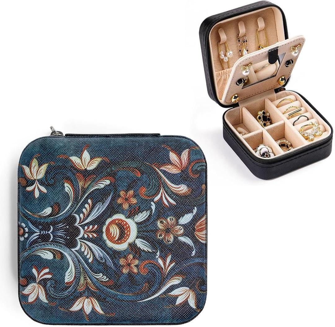 Norwegian Rosemaling Folk Style Small Travel Jewelry Case with Mirror Portable Black PU Leather Box Earrings Necklaces Rings Bracelets Storage Organizer Gift for Women And Girls