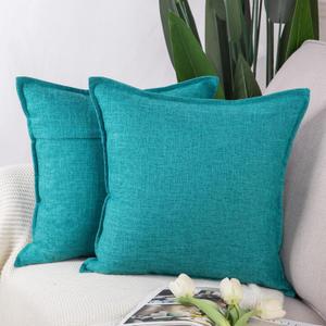 MADIZZ Set of 2 Linen Throw Pillow Covers 24x24 Inch Teal Soft Decorative Cushion Cover for Sofa Bedroom Pillow Shell