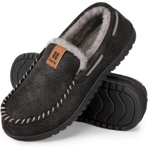 HomeTop Men's Suede Memory Foam Moccasin Slippers Soft Plush Warm Lining House Shoes (13, Black)