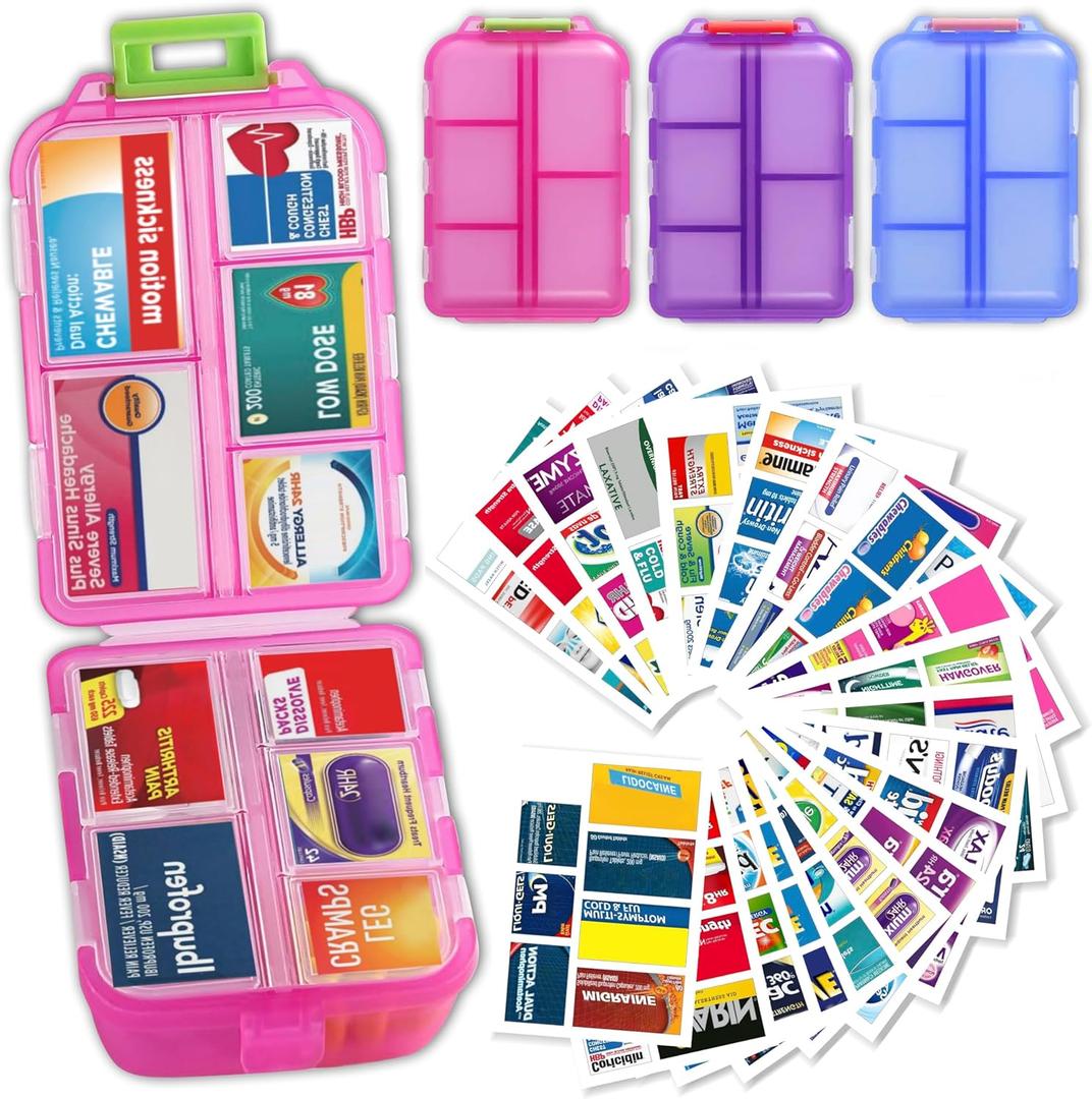 iouwei Large Pill Organizer with Medicine Labels, Travel Daily Pill Container, Mini Medication Organizer, 7-Day Pill Case, Set of 3 (Blue+Pink+Purple)