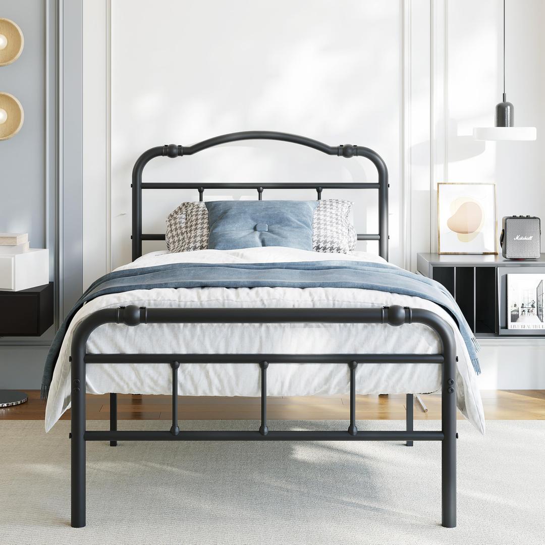 BOSRII Twin XL Metal Bed Frame 18 Inch High with Iron Headboard Heavy Duty