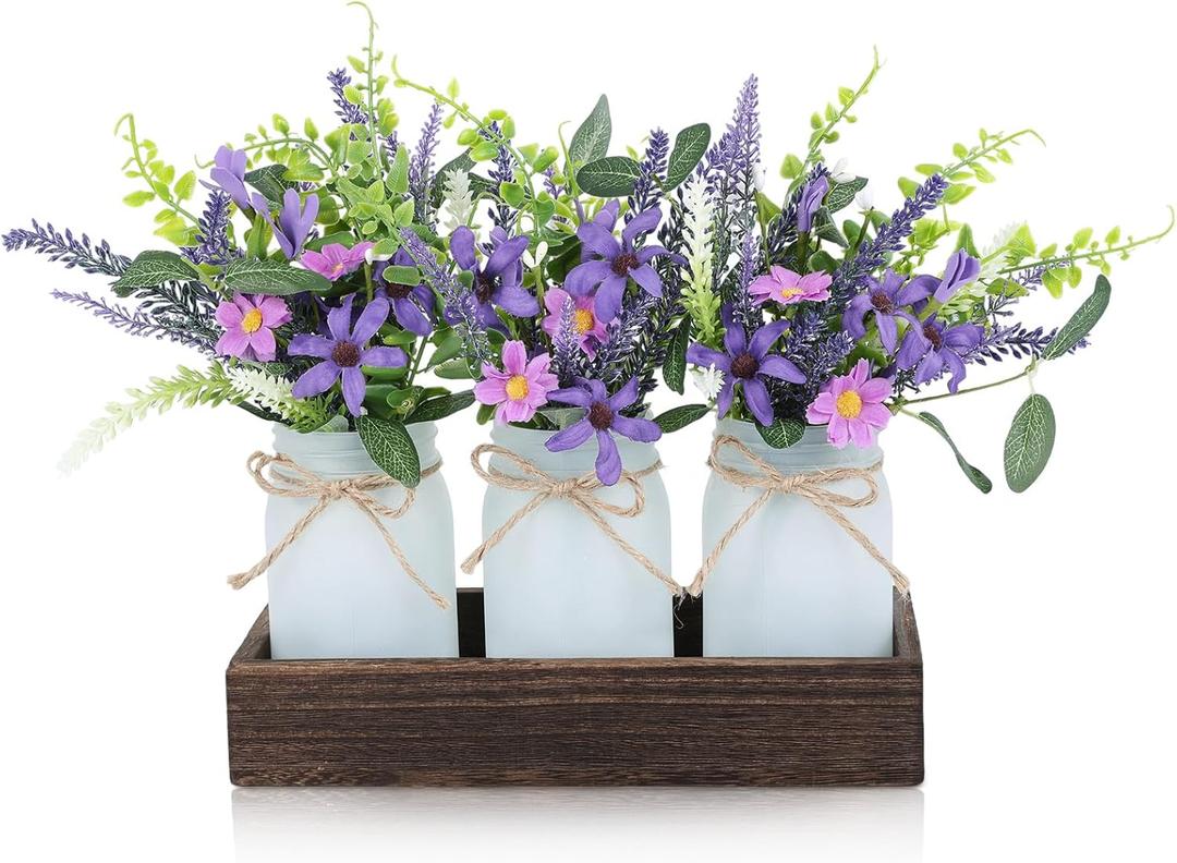3 Pack Lavender Mason Jar Table Centerpiece Tiered Tray Decor with Wood Tray Artificial Floral and Plants Purple Pink Daisy Flower for Rustic Farmhouse Home Kitchen Bathroom Decor