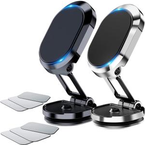 2 Pack Alloy Folding Magnetic Car Phone Holder,360 Rotation Magnetic Cell Phone Holder for Car [Super Strong Magnet] Bracket Magnetic Dashboard Phone Car Mount for All Smartphone (Silver+Black)
