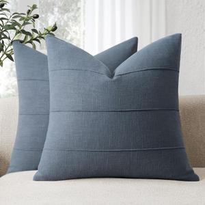 ZWJD Decorative Linen Throw Pillow Covers 22x22 Set of 2 Solid Handcrafted Striped Cushion Covers for Bed Soft Modern Farmhouse Neutral Pillowcase for Couch Bedroom Living Room Home Decor(Slate Blue)