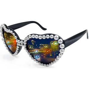 Pearl-Studded Heart Diffraction Glasses for Women, Diffraction Fashion Party Glasses Turn the Light Into Rainbow Heart Shape for Rave/Concert/Disco/Festivals/Bar Night Club/Fireworks Show