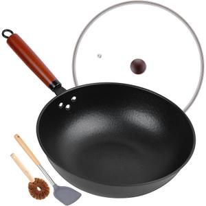 13" Nonstick Wok - Wok Pan with Glass Cover, Carbon Steel Woks & Stir-Fry Pans: Flat Bottom Chinese woks for Electric, Induction, Gas, All Stoves