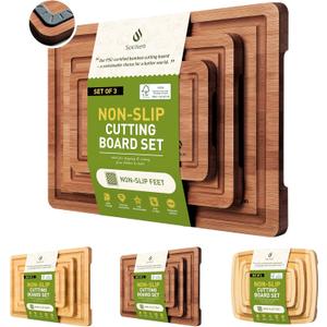 3 Packs Bamboo Cutting Board Set with Non Slip Feet and Over Sink Nice Solid Thick Wood Juice Groove Chopping Board Extra Large Big Small Best Hardwood Kitchen Counter Organic Vegetable (Brown)