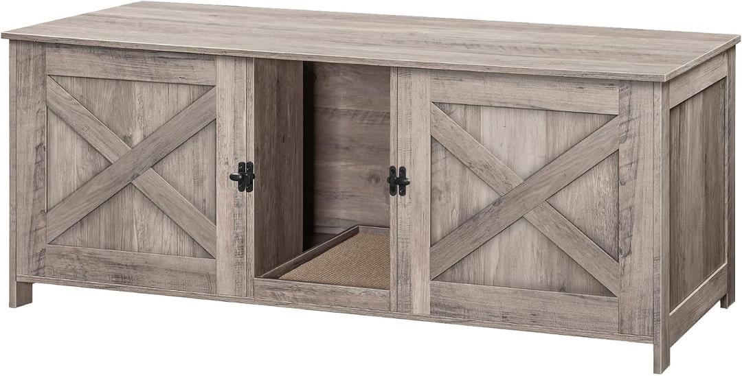 MAHANCRIS Cat Litter Box Enclosure for 2 Cats, 47.2" Hidden Cat Litter Box Furniture with Double Room, Wooden Washroom Cabinet with Scratching Board, Indoor House End Table, Greige CWHG1201