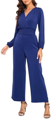 YUNDAI Womens Jumpsuit Fall Long Sleeve V Neck Casual Loose One Piece Outfits Wrap Waist Pants Long Romper with Pockets (M)